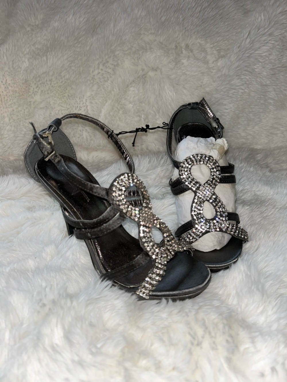 NWT F24 Gray Rhinestone Dress Heels Strappy Satin Stilettos Prom Wedding Women’s